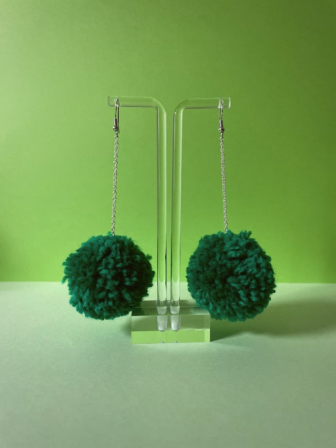 Green Pom Pom Earrings